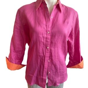 Chaps Classic linen retro button down in hot pink - size XL